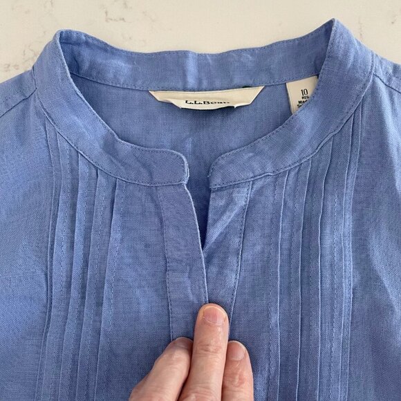 L.L.Bean 100% Linen Button Down Pleated Belted Dress Cornflower Blue Sz 10 NWOT - Picture 10 of 13